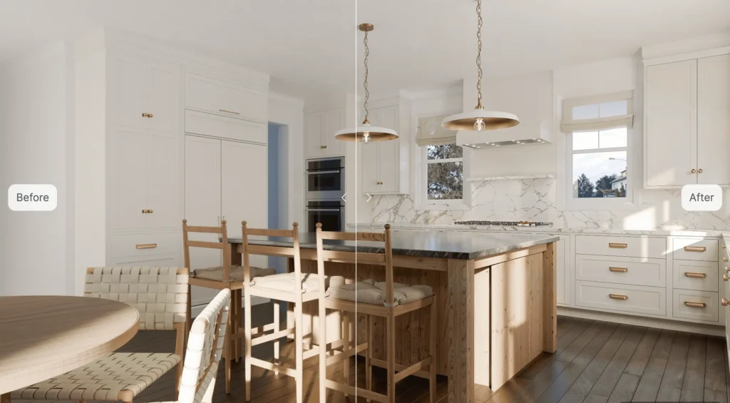 kitchen rendering before and after adjusting with ai